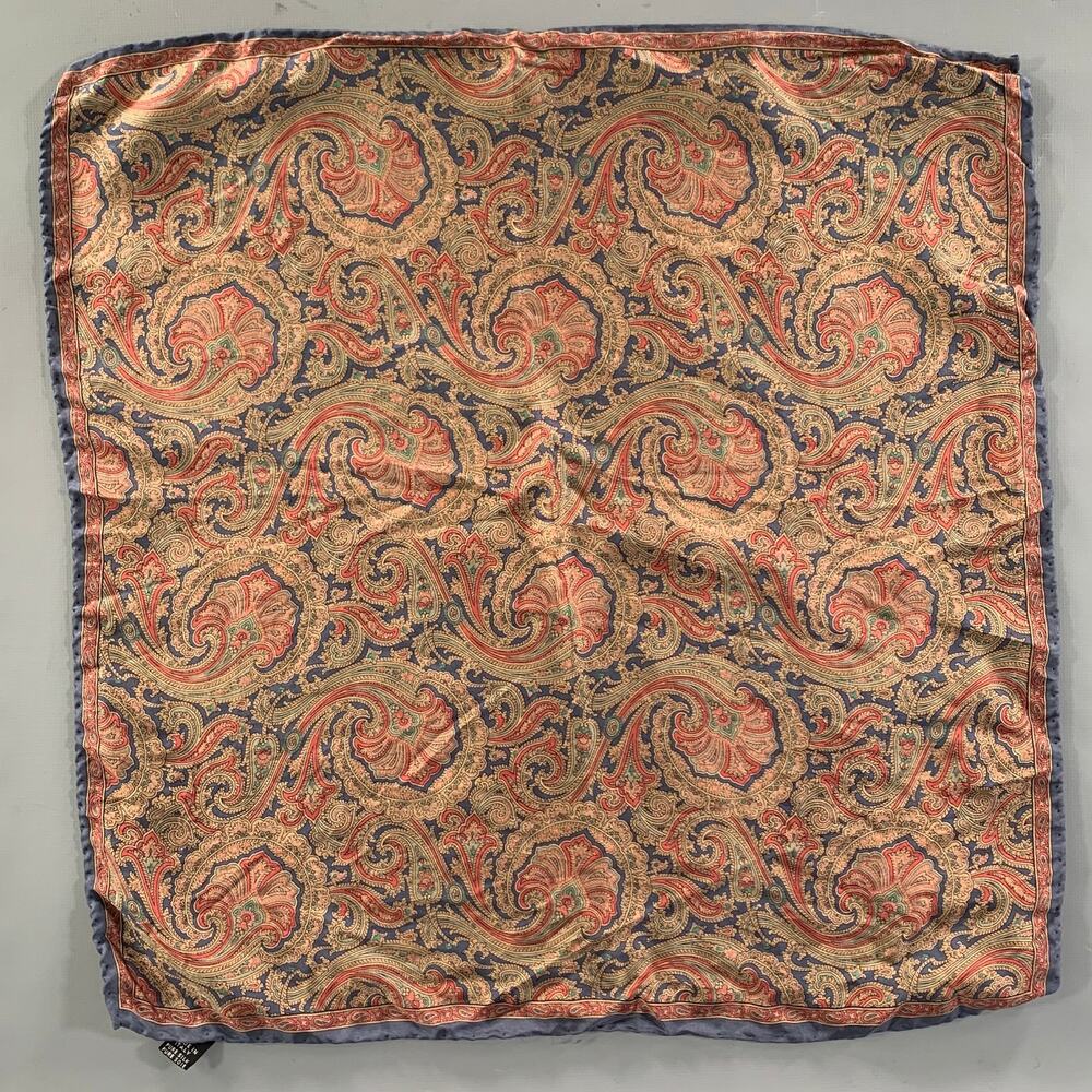 NO BRAND Navy Tan Paisley Silk Pocket Square